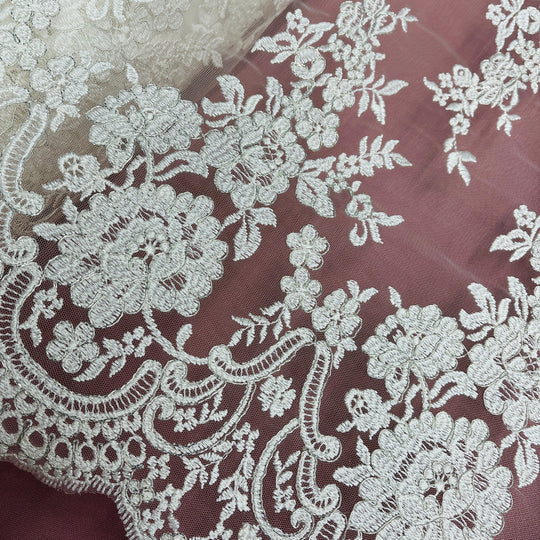 1 Yard Silver Corded Bridal Lace Fabric Embroidered on Polyester Net Mesh Elegant Floral 50 Inch Width