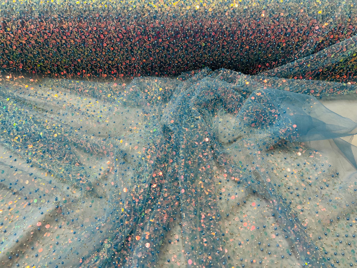 All Over Beaded Lace Polyester Fabric - Beaded, Sequins, Pearls, Mesh Lace, 54" Width (1 Yard)