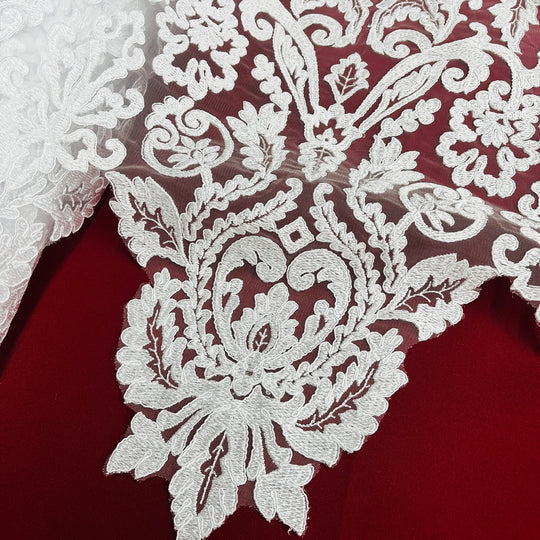 1 Yard Exquisite Corded Bridal Lace Fabric Embroidered on Polyester Net Mesh