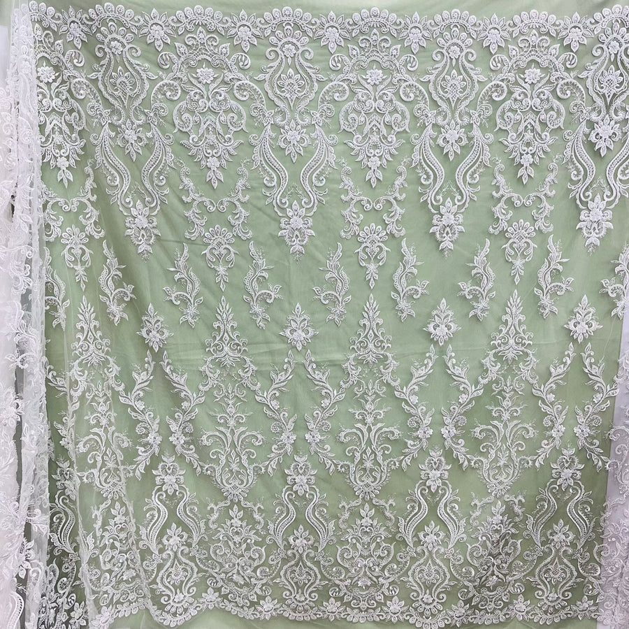 1 Yard Beaded & Sequined Lace Fabric Embroidered on 100% Polyester Net Mesh