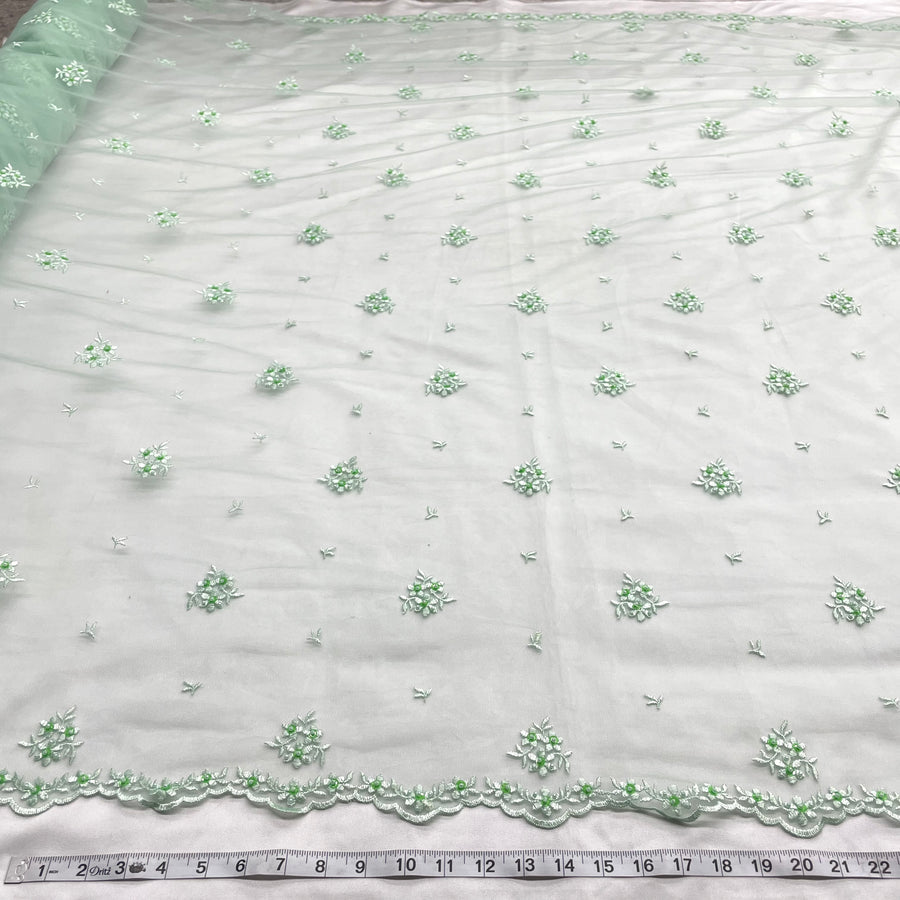 1 Yard - Beaded Lace Fabric Embroidered on 100% Polyester Net Mesh - Ivory - 54" Wide