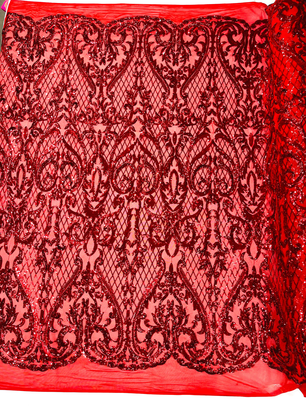 Heart Sequin Damask Polyester Fabric - Heart Damask, Iridescent Sequins, 54" Width (1 Yard)