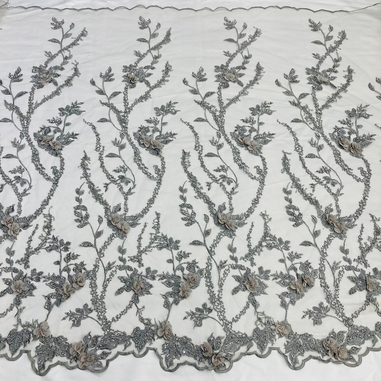 1 Yard Exquisite Beaded 3D Floral Lace Fabric Embroidered on Polyester Net Mesh