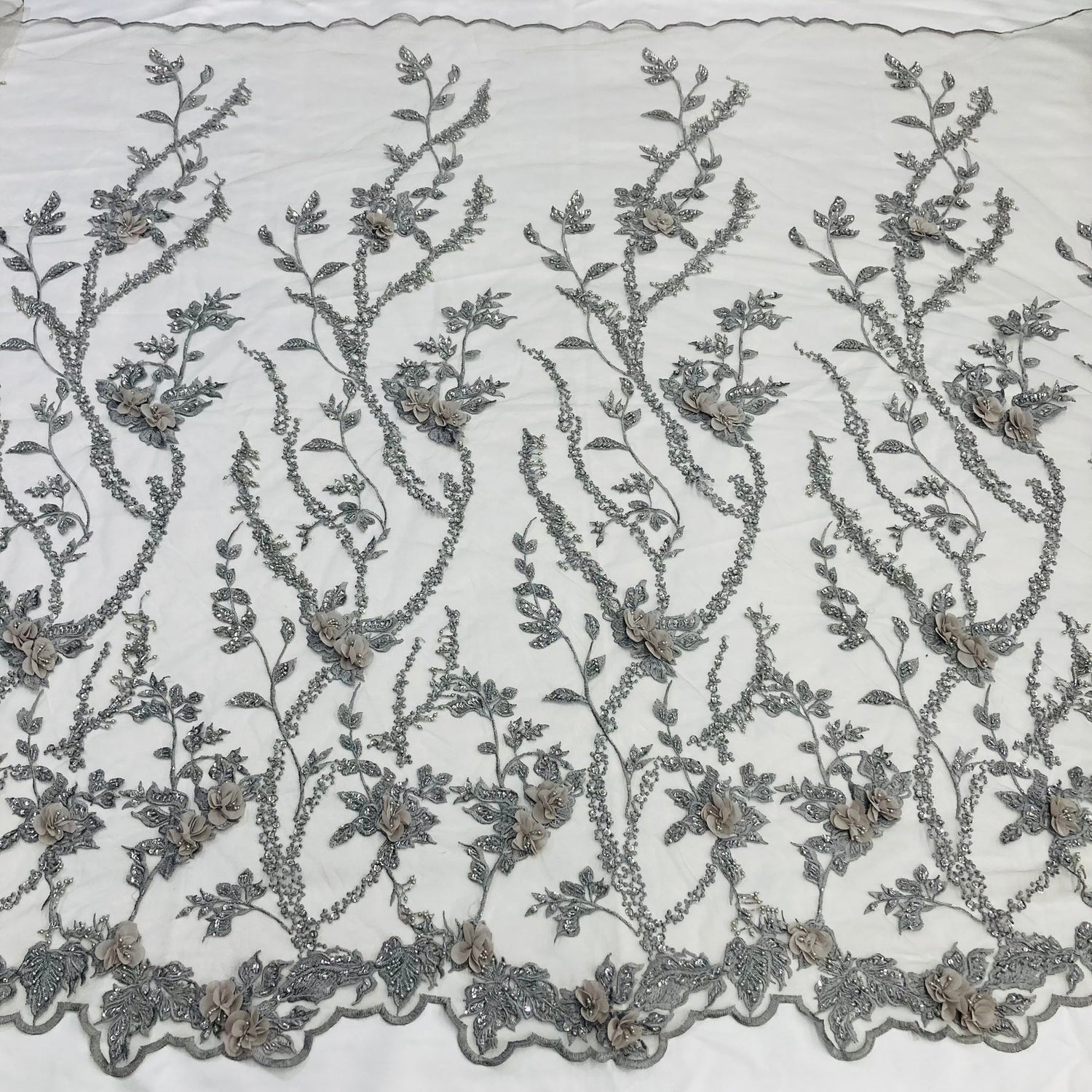 1 Yard Exquisite Beaded 3D Floral Lace Fabric Embroidered on Polyester Net Mesh