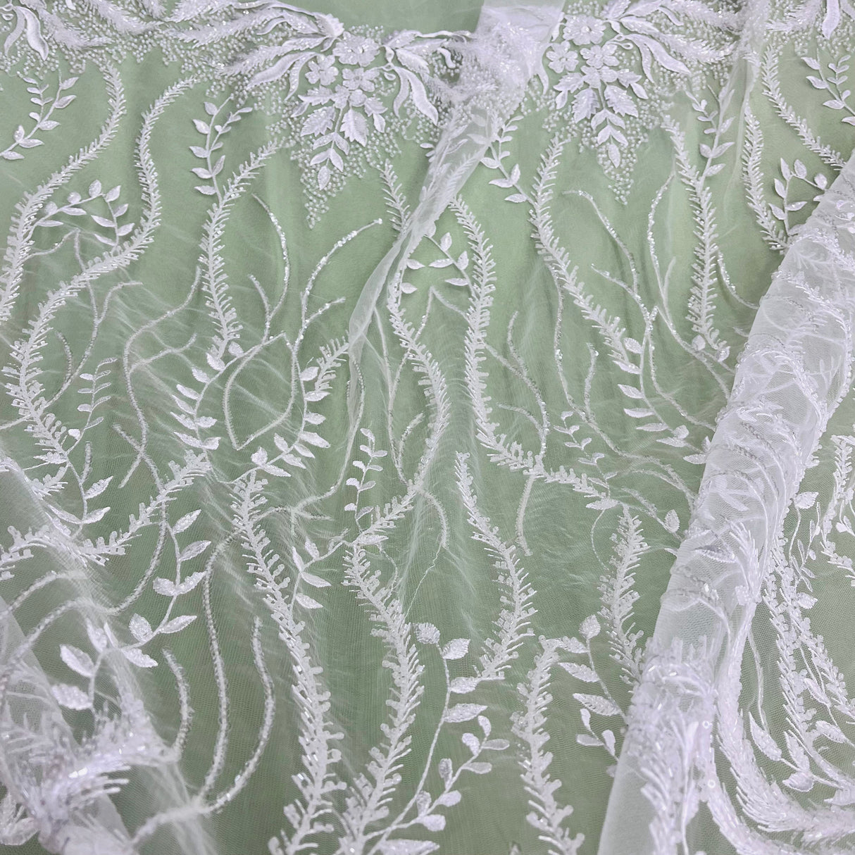 Beaded Lace Fabric - Embroidered 100 Percent Polyester Net Mesh, White, Ivory, Antique Silver, 56" Width (1 Yard)