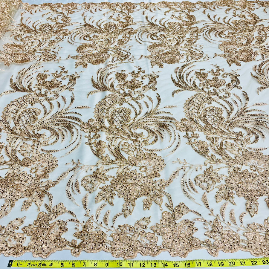 1 Yard - Corded & Sequined Bridal Lace Fabric Embroidered on 100% Polyester Net Mesh - 54"