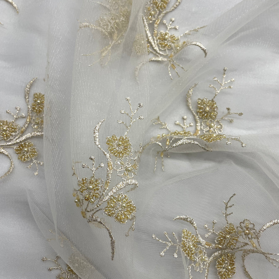 1 Yard - Beaded Lace Fabric Embroidered on 100% Polyester Net Mesh - Ivory - 52" Wide