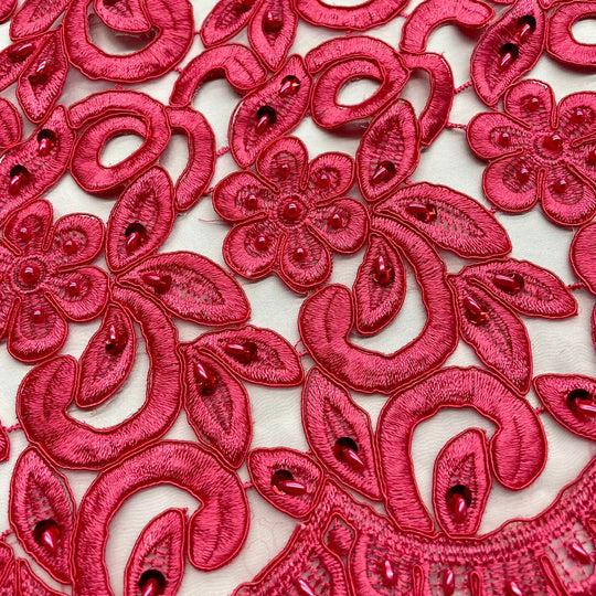 1 Yard Luxurious Beaded and Corded Bridal Lace Fabric Embroidered on Polyester Net Mesh