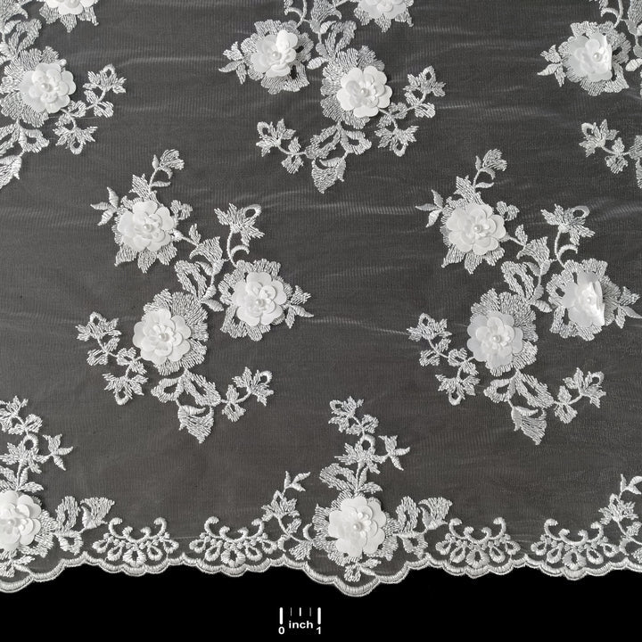 1 Yard Beaded 3D Floral Lace Fabric Embroidered on 100% Polyester Net Mesh White