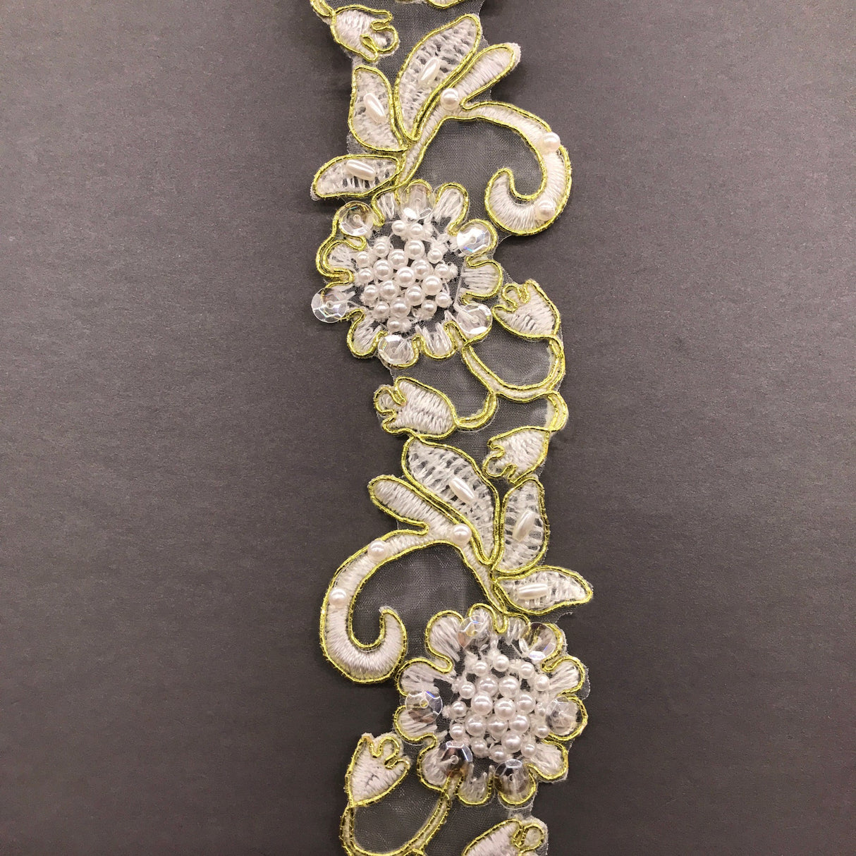 1 Yard Handmade Beaded & Corded Lace Trimming Embroidered on Polyester Organza 2 Inch Width