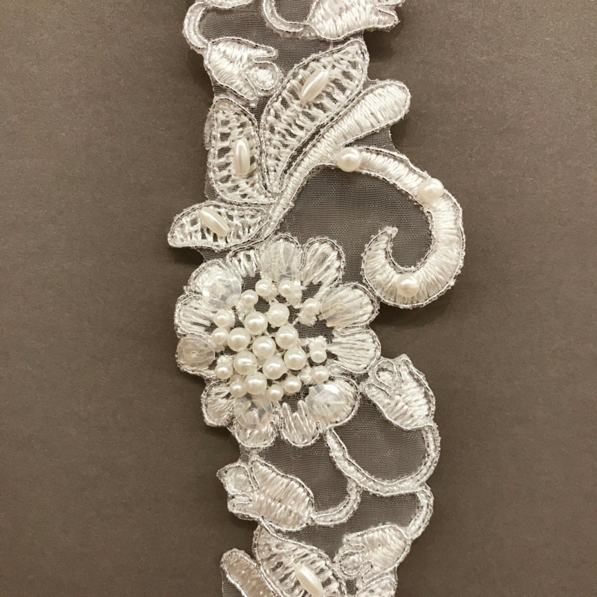 1 Yard Handmade Beaded & Corded Lace Trimming Embroidered on Polyester Organza 2 Inch Width