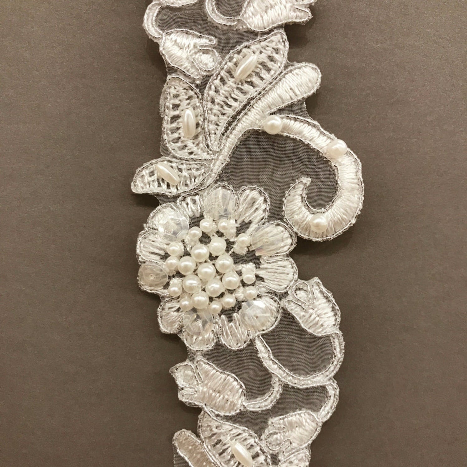 1 Yard Handmade Beaded & Corded Lace Trimming Embroidered on Polyester Organza 2 Inch Width