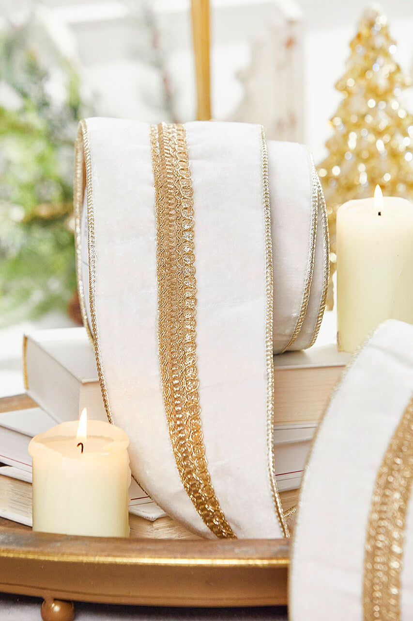 4" x 5 Yard White and Gold Velvet Ribbon