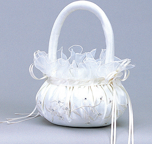 Ivory Satin Flower Girl Basket with Rhinestones 6x8 Inch