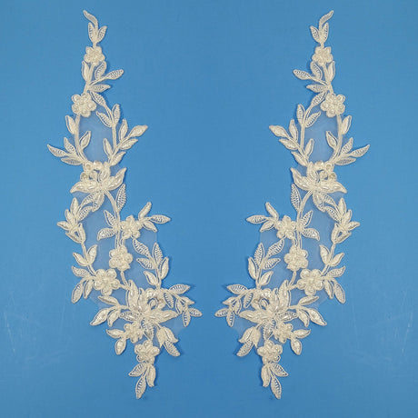 1 Pair Beaded & Corded Floral Lace Applique Embroidered on 100% Polyester Organza 13" x 4" Each Side