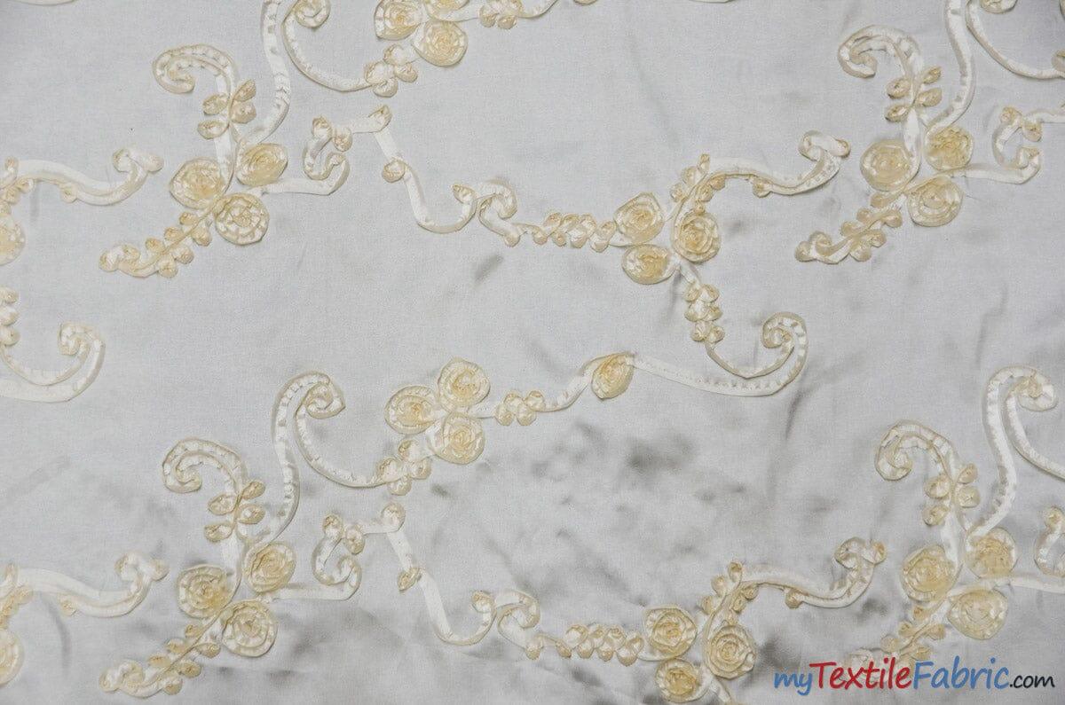 Ribbon Taffeta Polyester Fabric - Embroidered Ribbon Cord, Multiple Colors, 54" Width (1 Yard)