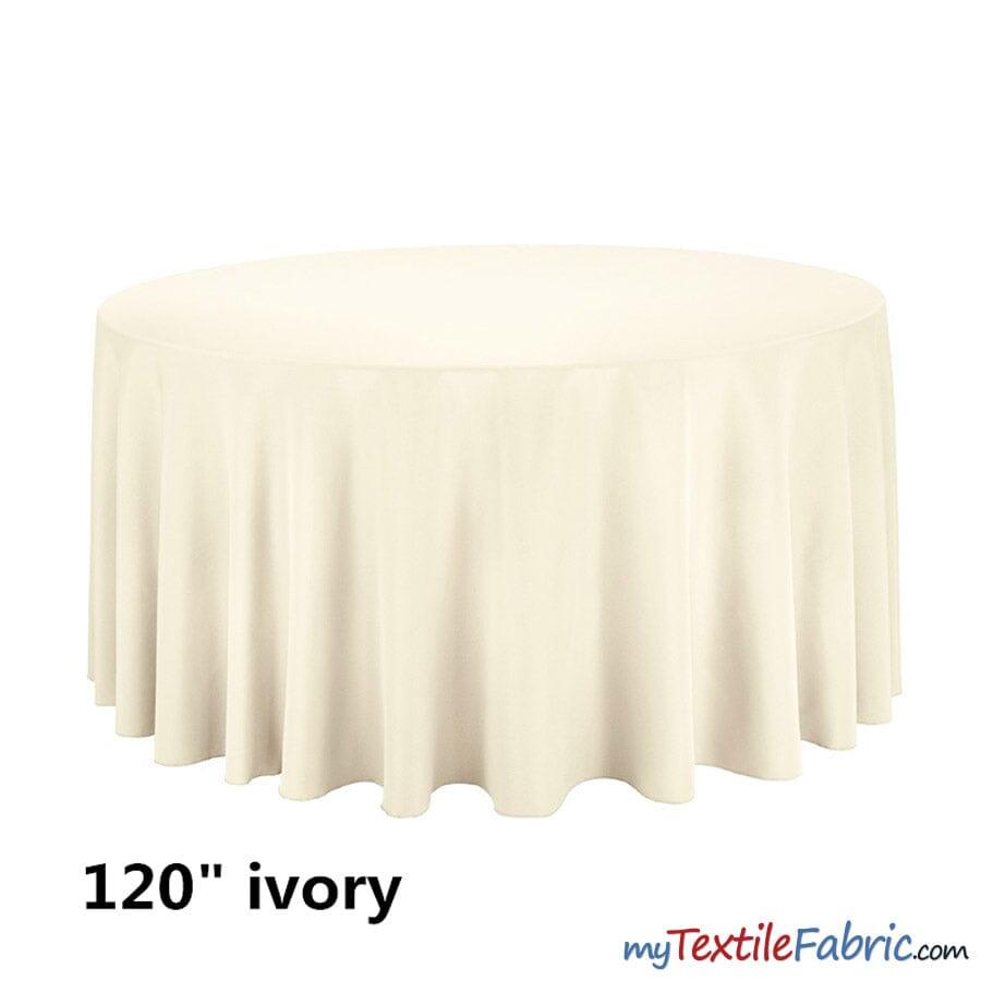 120" Round Polyester Seamless Tablecloth - Polyester Fabric, Seamless, Black, White, Ivory (By Piece)