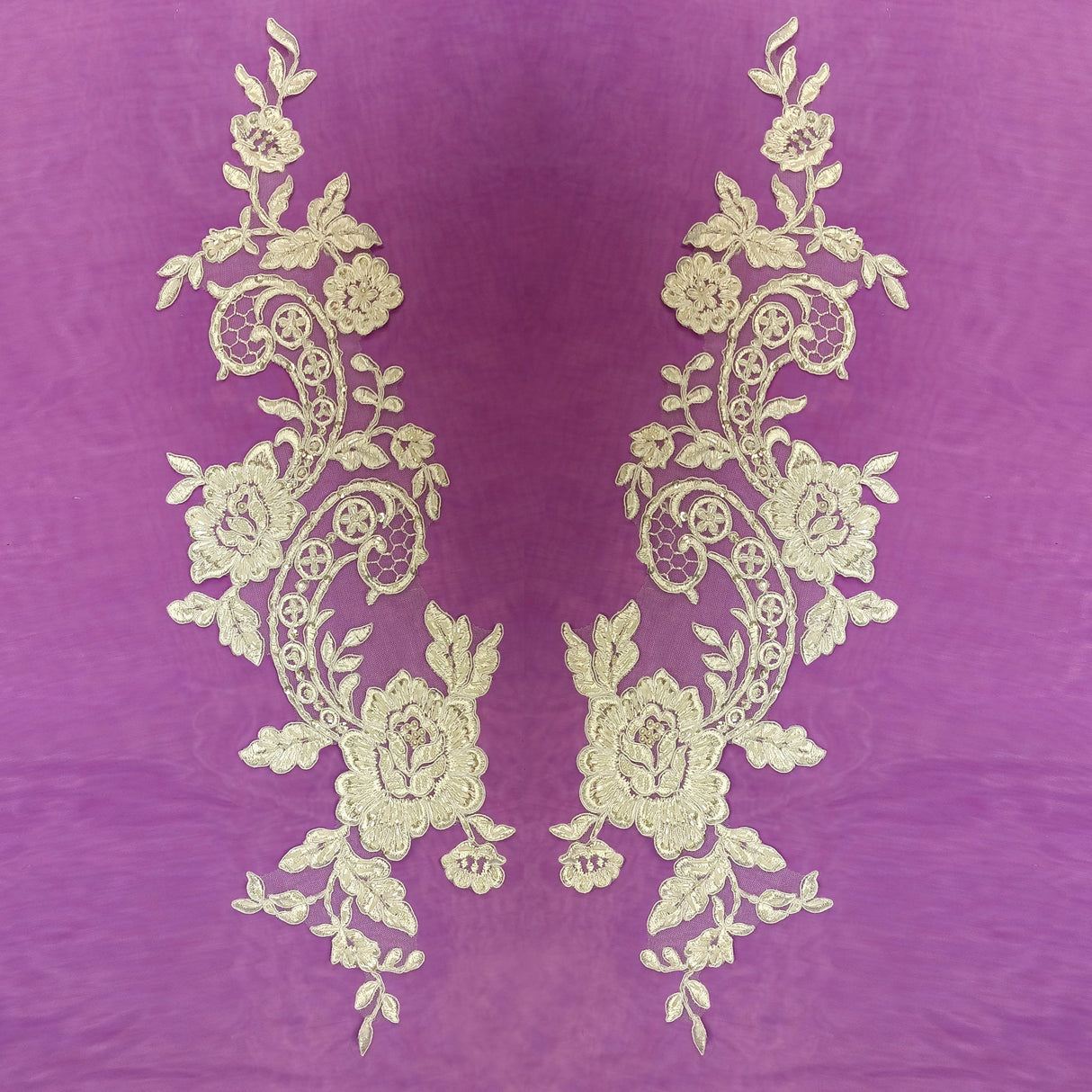 Beaded Corded Floral Lace Applique 20" x 5.5"