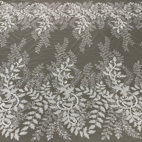 1 Yard Glamorous Beaded and Sequined Lace Fabric Embroidered on 100% Polyester Net Mesh White