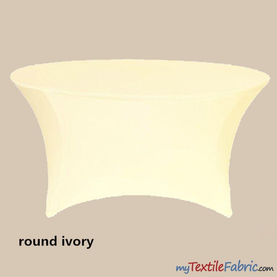 5Ft Diameter Round Polyester Spandex Tablecloth - Black, White, Ivory, Fits 60" Diameter Tables, 28/30" Height, Reinforced Bottoms (By Piece)