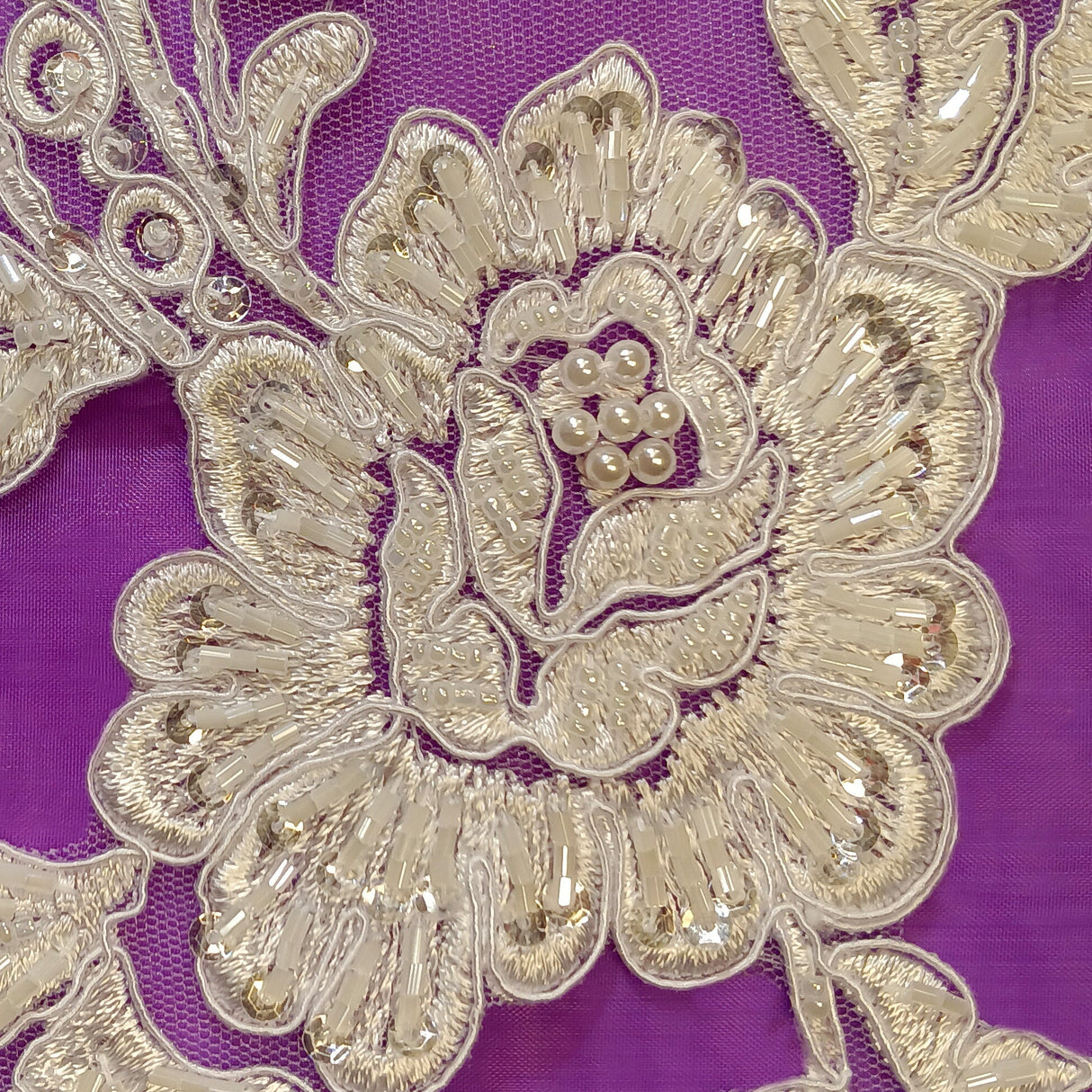 Beaded Corded Floral Lace Applique 20" x 5.5"