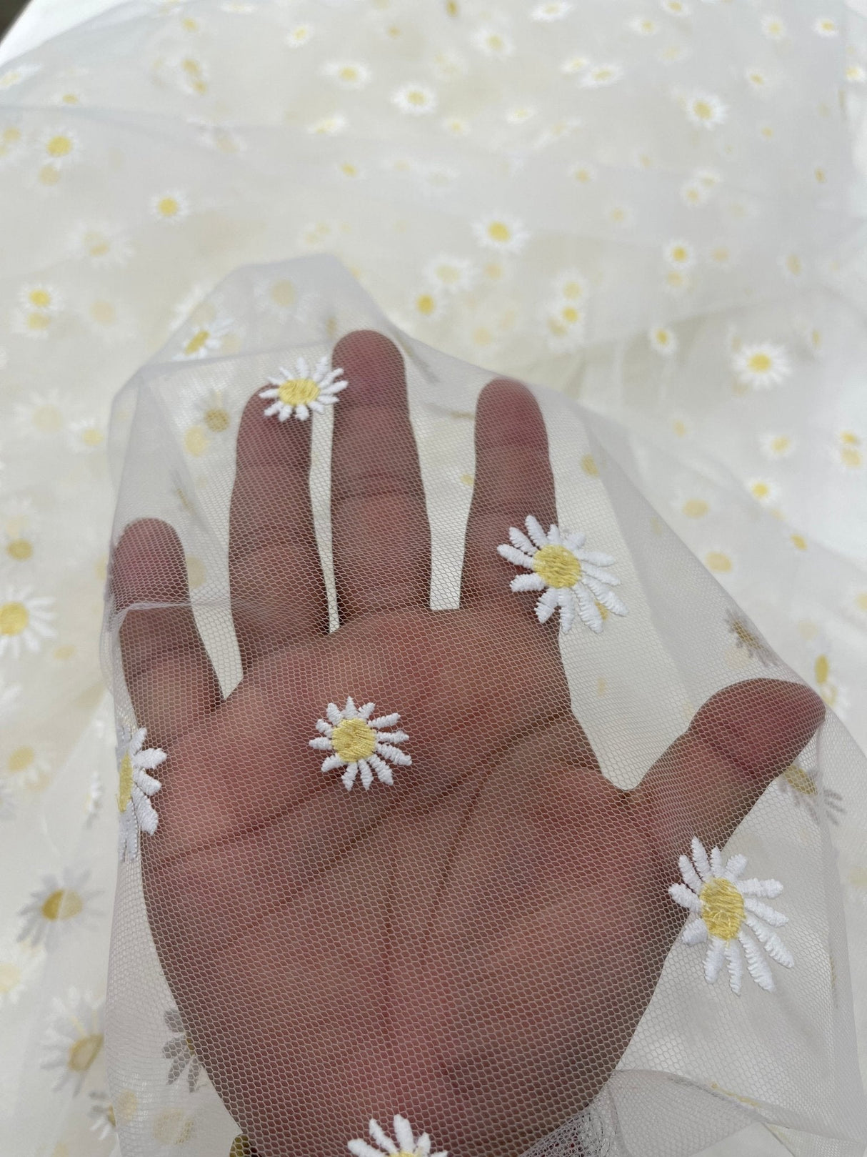 Ivory/Yellow Daisy Flowers Embroidered Lace Fabric - Ivory/Gold Floral Embroidery, 54" Width (1 Yard)