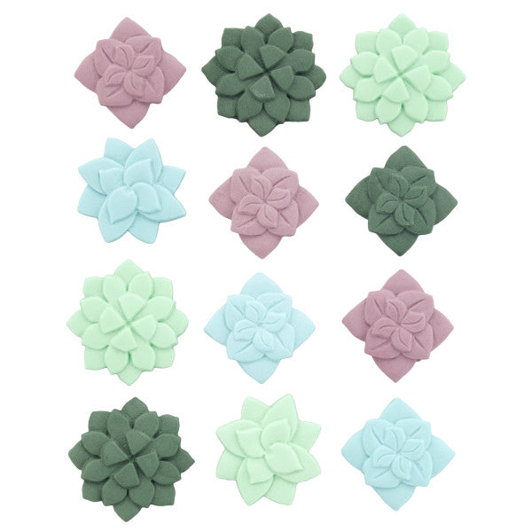 Wilton Green, Blue and Purple Succulent Royal Icing Decorations, 12-Count