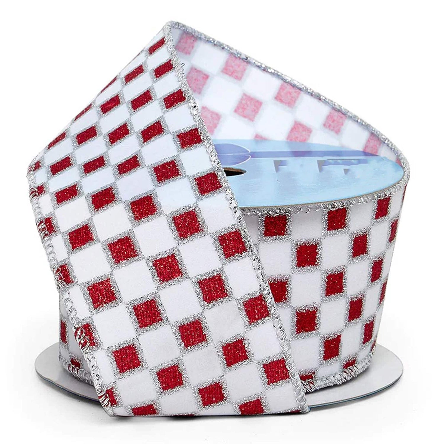 Sparkling Checkered Print On Velvet Wired Ribbon 2 1/2 '' X 10 yd Red / White Color 1 / roll