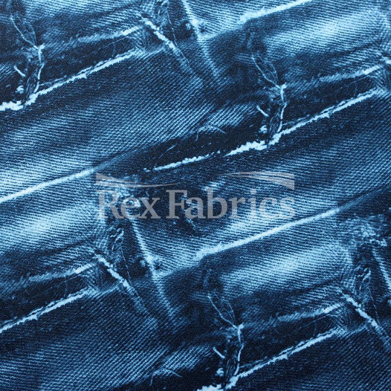 Jeans Patch Polyester Spandex Fabric - Blue/Fuchsia, Denim Patch Print, 60" Width (1 Yard)