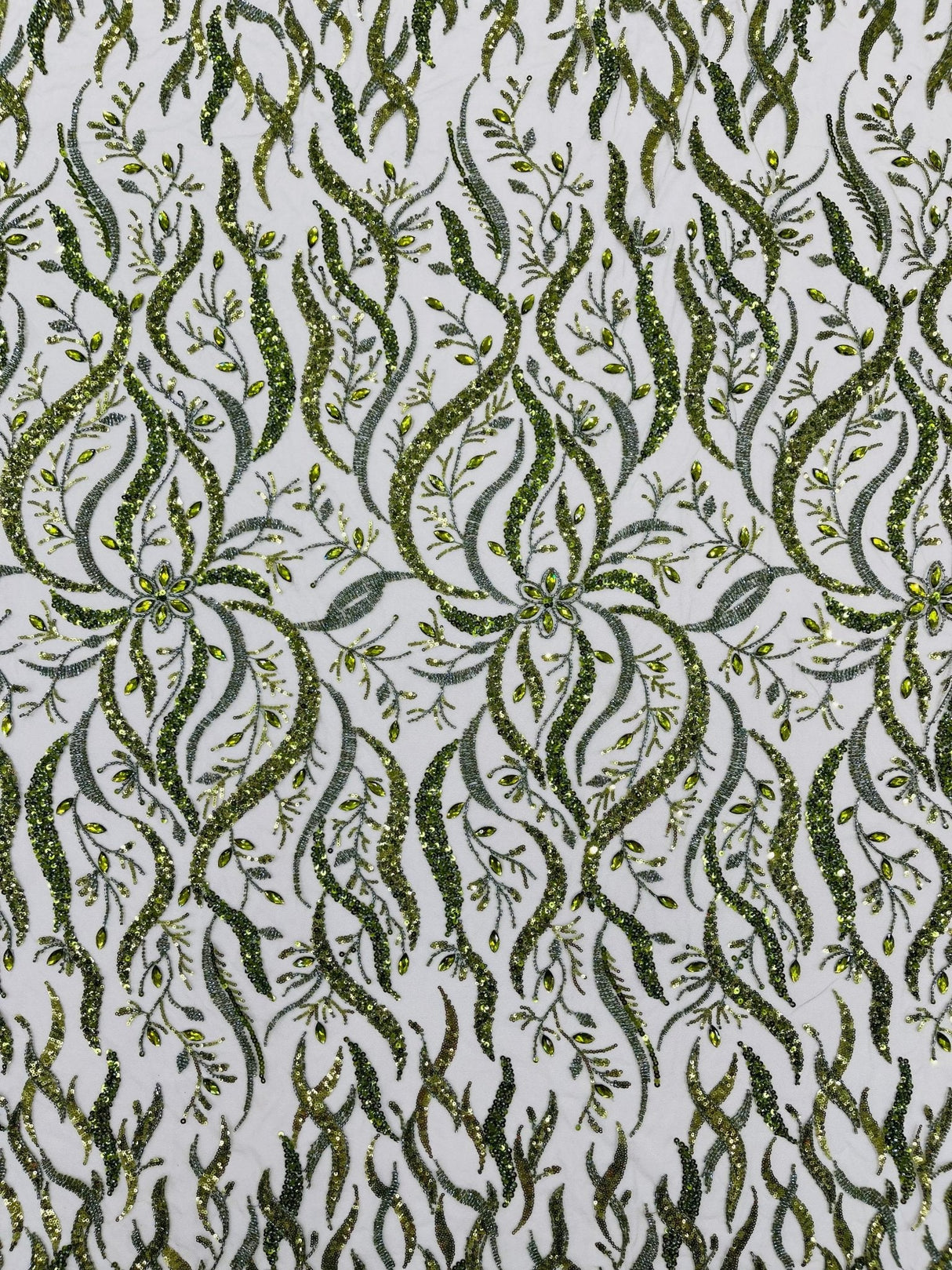 Jewel Vine Beaded Lace Polyester Fabric - Hand Beaded Vine Pattern, 54" Width (1 Yard)
