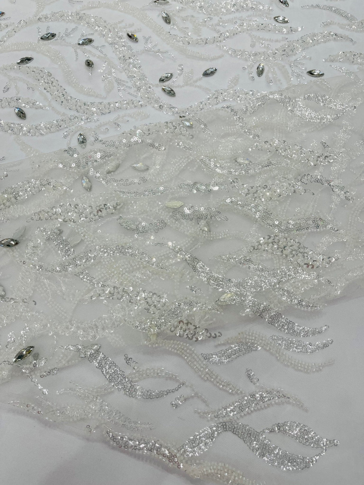 Jewel Vine Beaded Lace Polyester Fabric - Hand Beaded Vine Pattern, 54" Width (1 Yard)