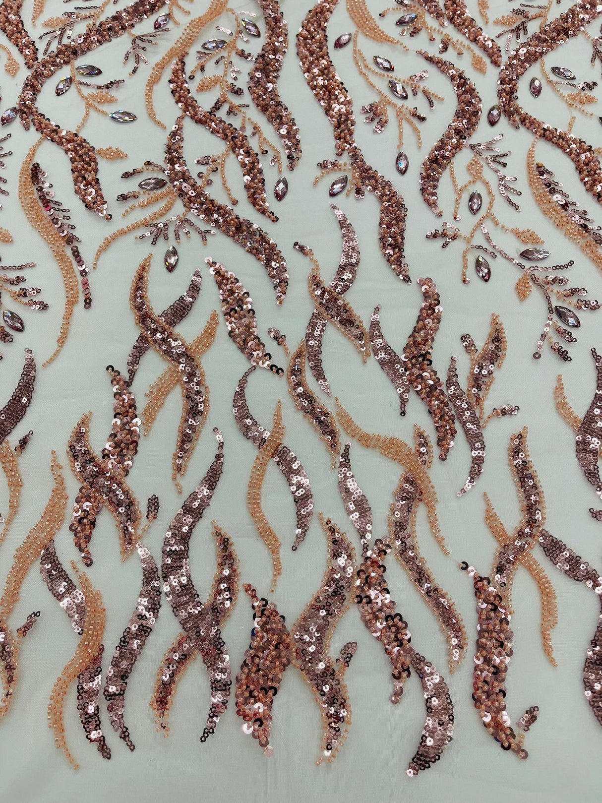 Jewel Vine Beaded Lace Polyester Fabric - Hand Beaded Vine Pattern, 54" Width (1 Yard)