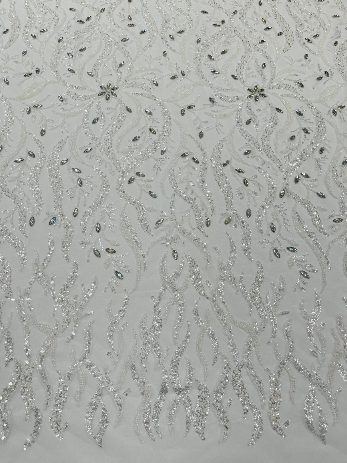 Jewel Vine Beaded Lace Polyester Fabric - Hand Beaded Vine Pattern, 54" Width (1 Yard)