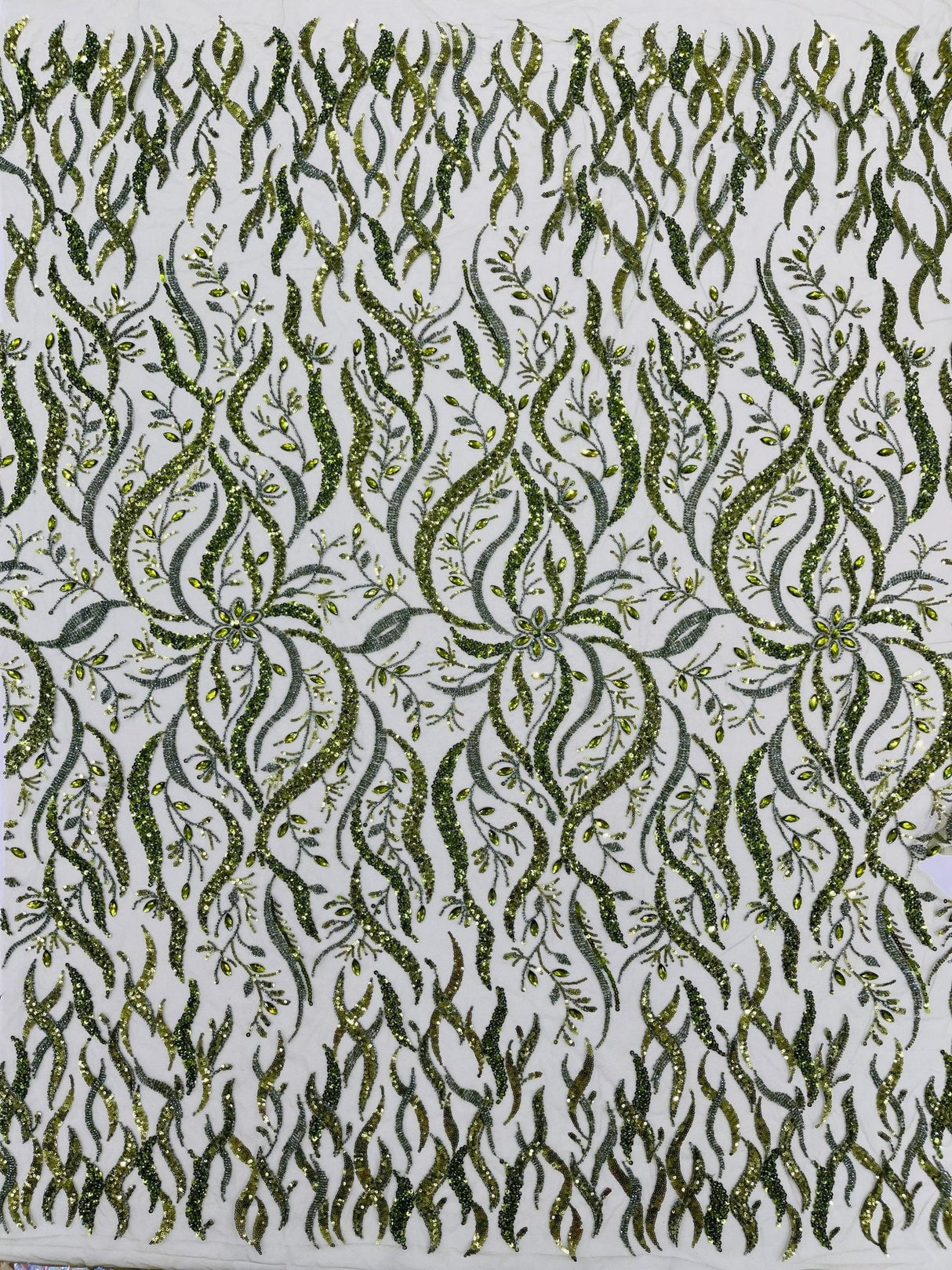 Jewel Vine Beaded Lace Polyester Fabric - Hand Beaded Vine Pattern, 54" Width (1 Yard)
