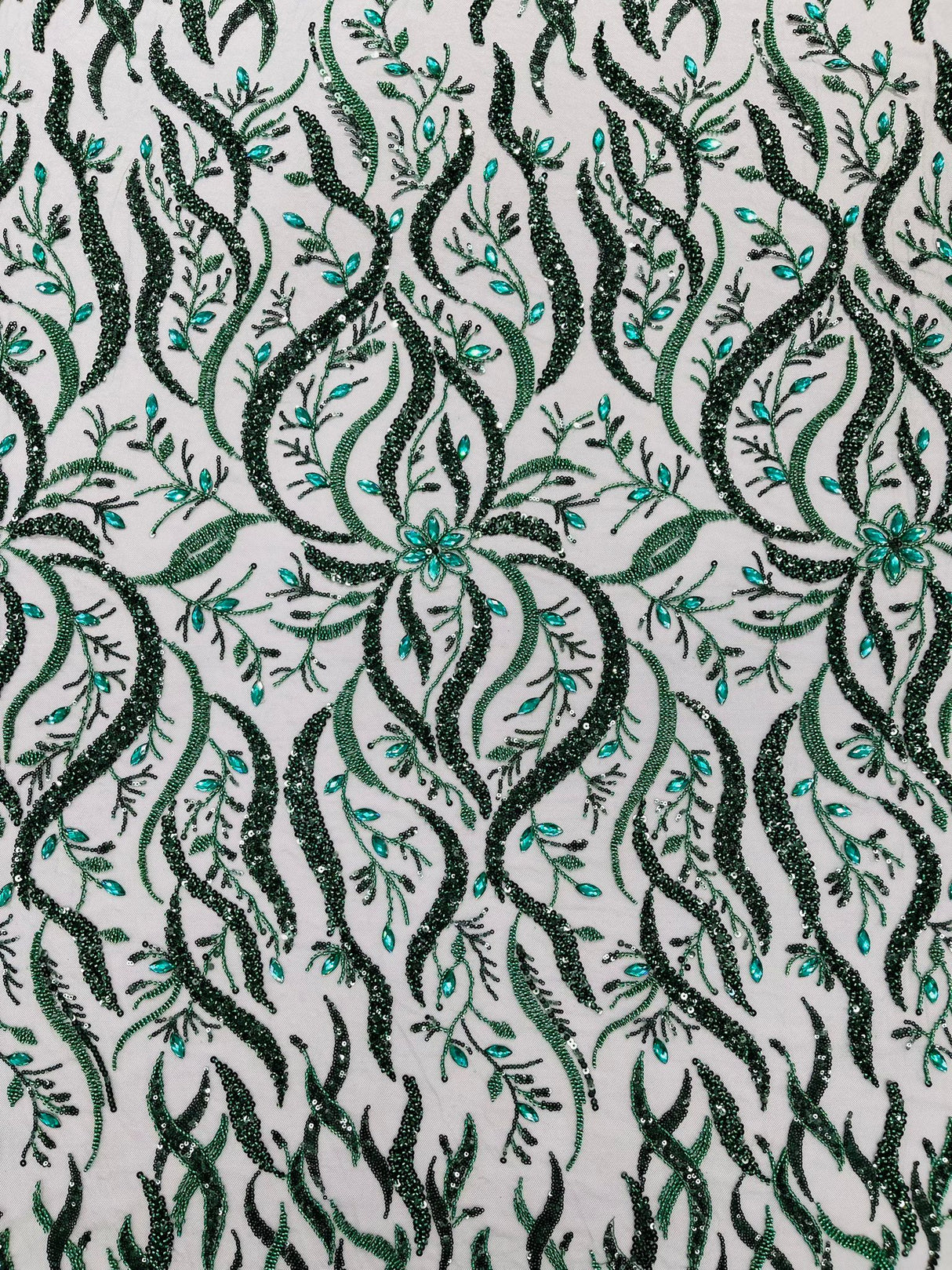 Jewel Vine Beaded Lace Polyester Fabric - Hand Beaded Vine Pattern, 54" Width (1 Yard)