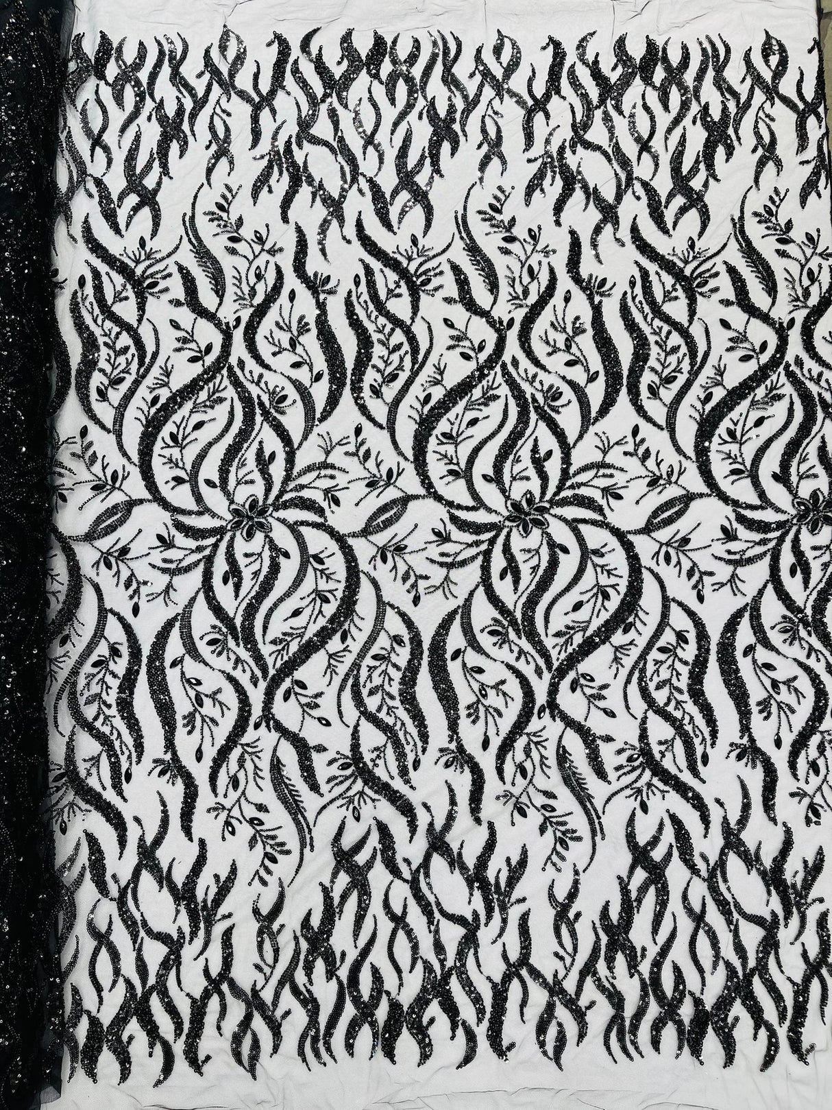 Jewel Vine Beaded Lace Polyester Fabric - Hand Beaded Vine Pattern, 54" Width (1 Yard)