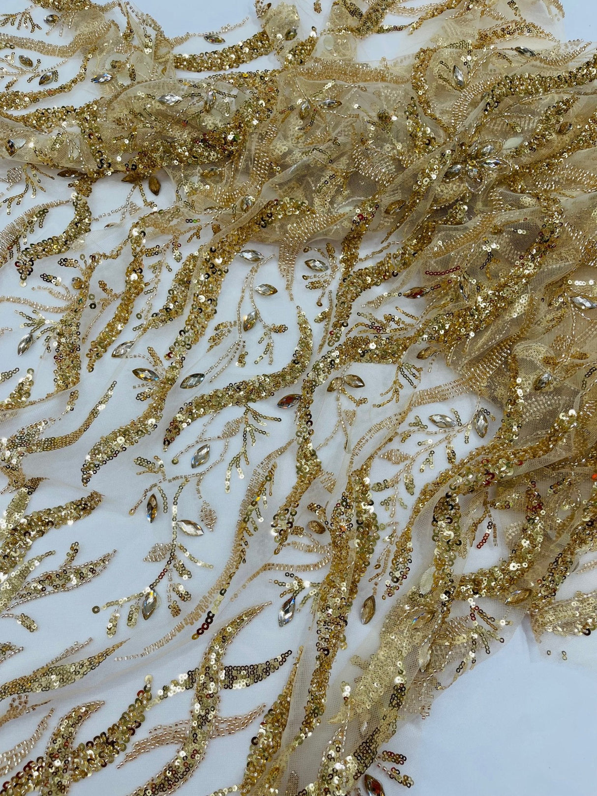 Jewel Vine Beaded Lace Polyester Fabric - Hand Beaded Vine Pattern, 54" Width (1 Yard)
