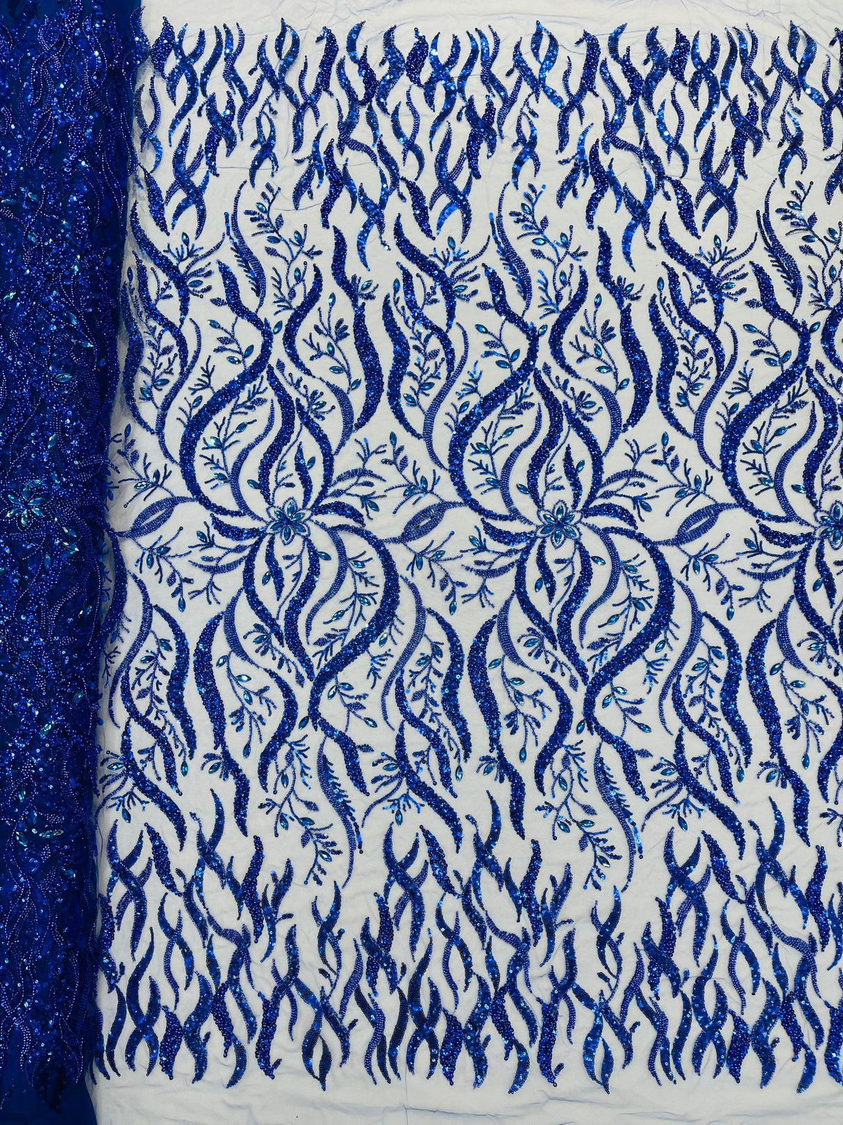 Jewel Vine Beaded Lace Polyester Fabric - Hand Beaded Vine Pattern, 54" Width (1 Yard)