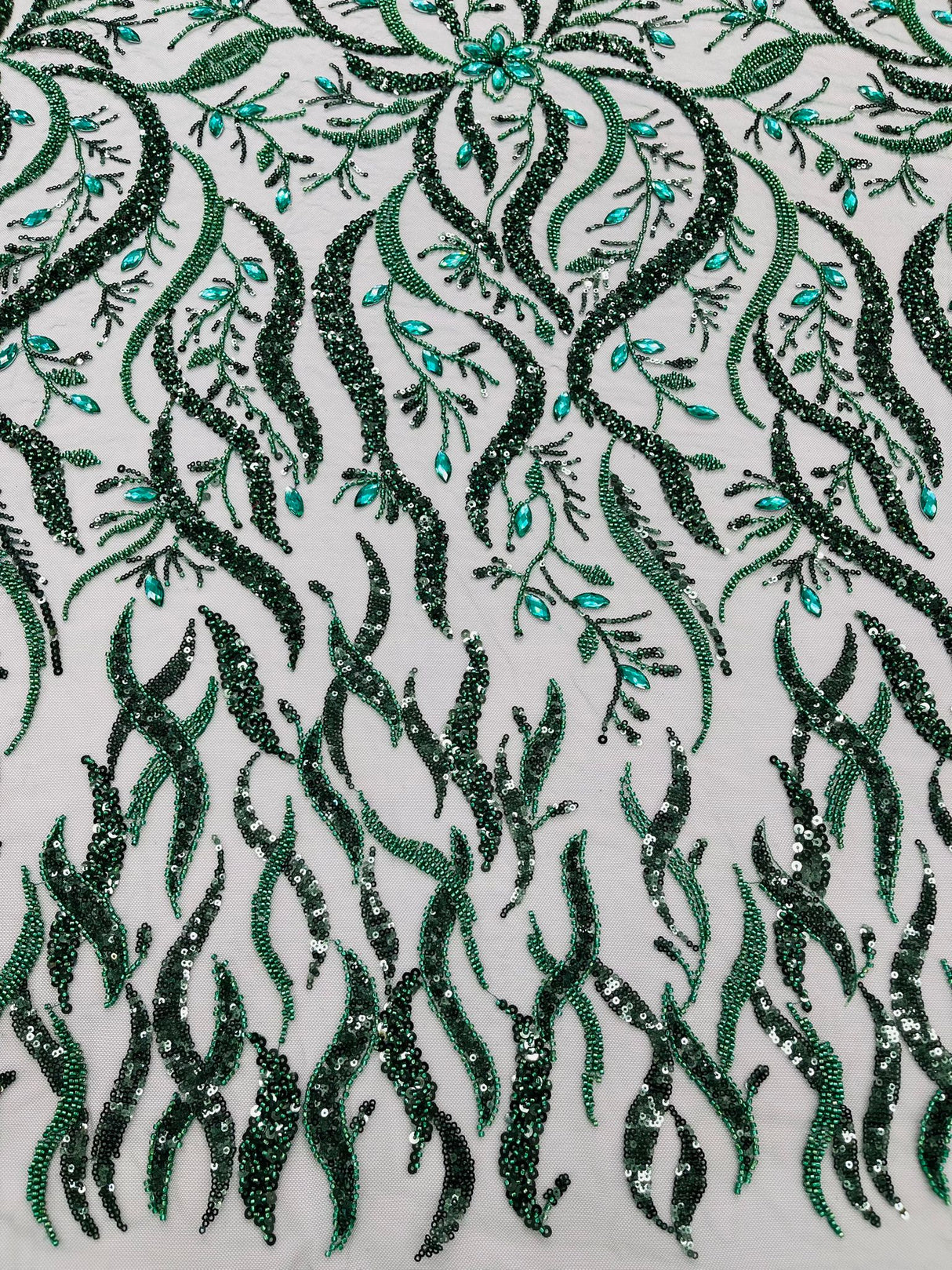 Jewel Vine Beaded Lace Polyester Fabric - Hand Beaded Vine Pattern, 54" Width (1 Yard)
