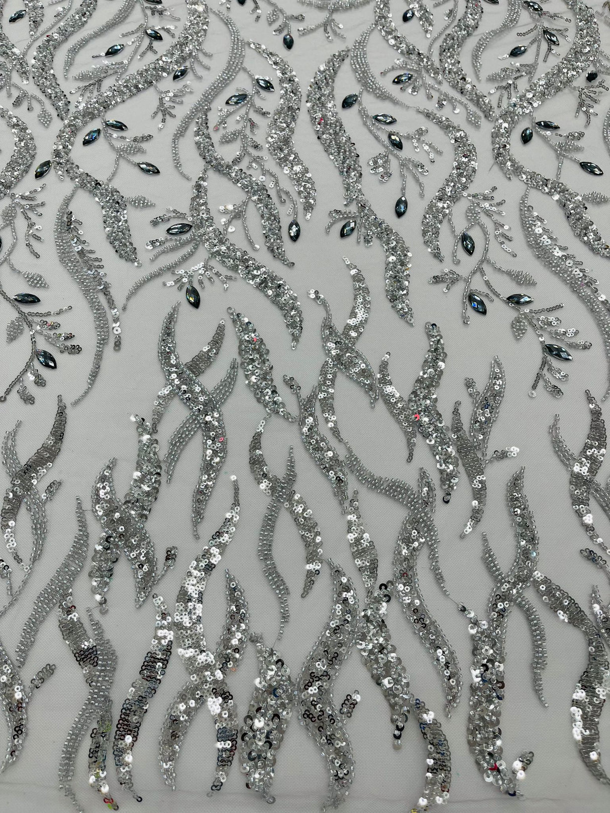 Jewel Vine Beaded Lace Polyester Fabric - Hand Beaded Vine Pattern, 54" Width (1 Yard)