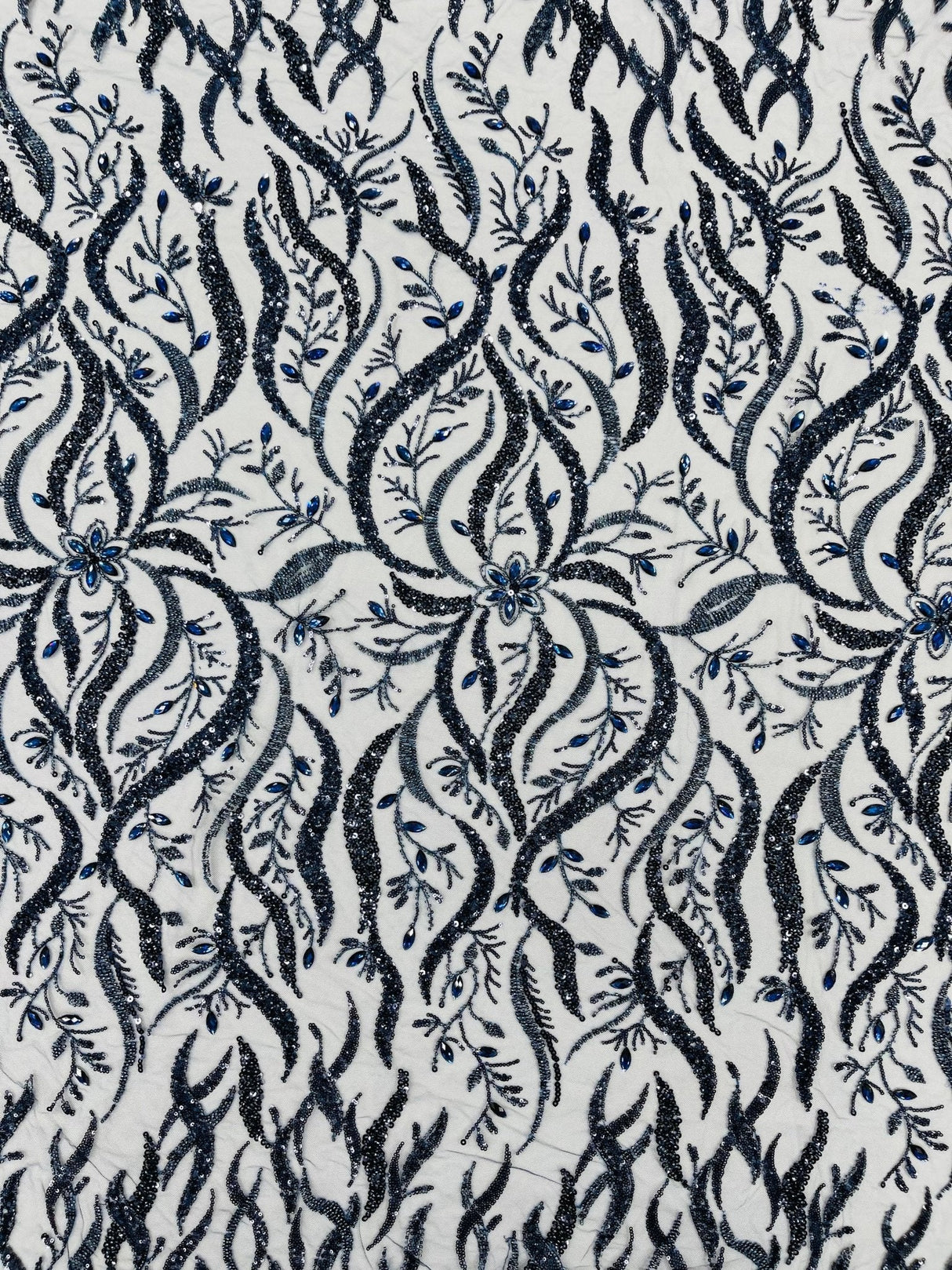Jewel Vine Beaded Lace Polyester Fabric - Hand Beaded Vine Pattern, 54" Width (1 Yard)