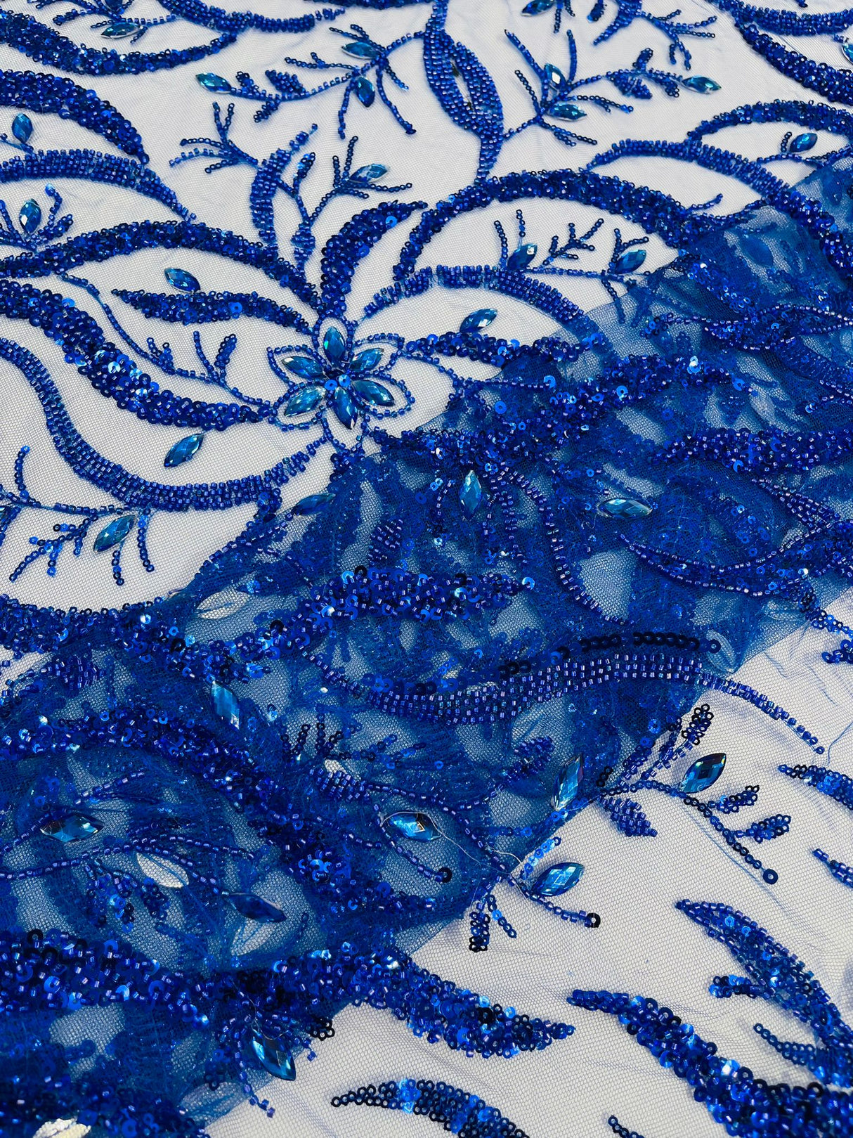 Jewel Vine Beaded Lace Polyester Fabric - Hand Beaded Vine Pattern, 54" Width (1 Yard)