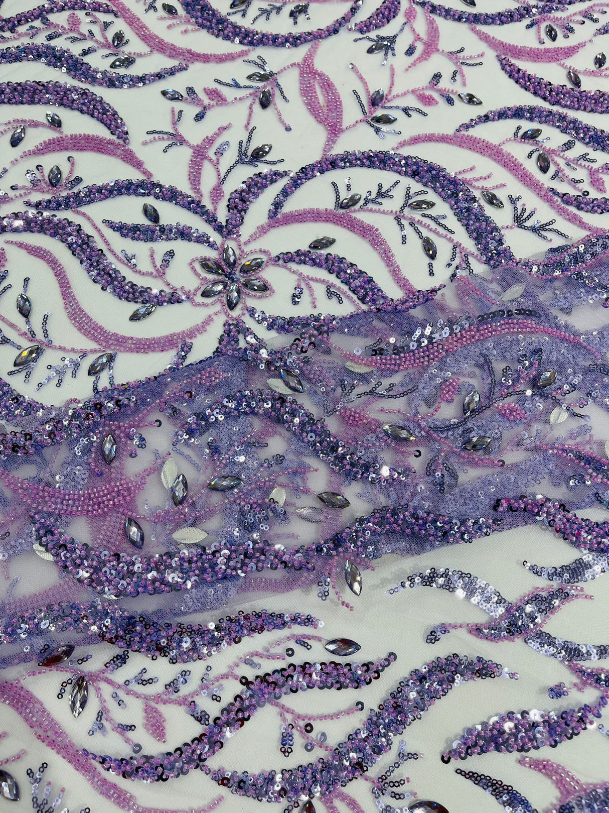 Jewel Vine Beaded Lace Polyester Fabric - Hand Beaded Vine Pattern, 54" Width (1 Yard)
