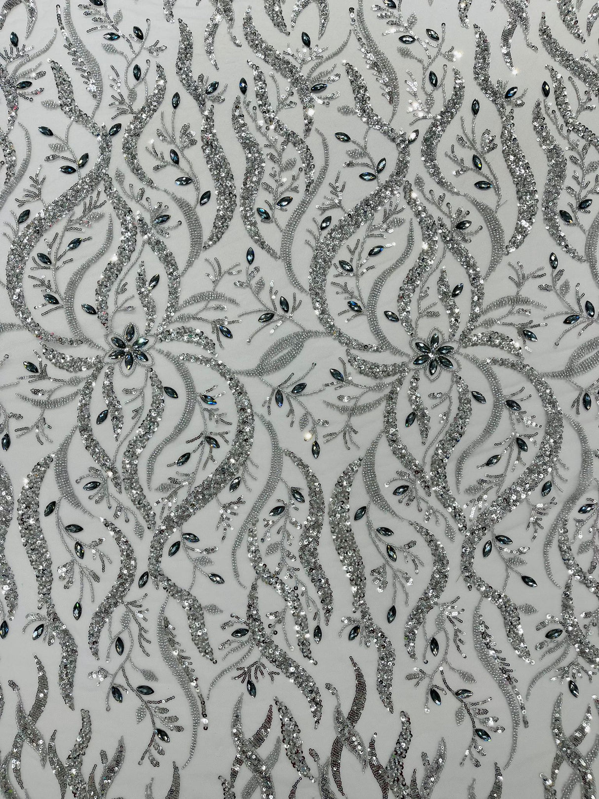 Jewel Vine Beaded Lace Polyester Fabric - Hand Beaded Vine Pattern, 54" Width (1 Yard)