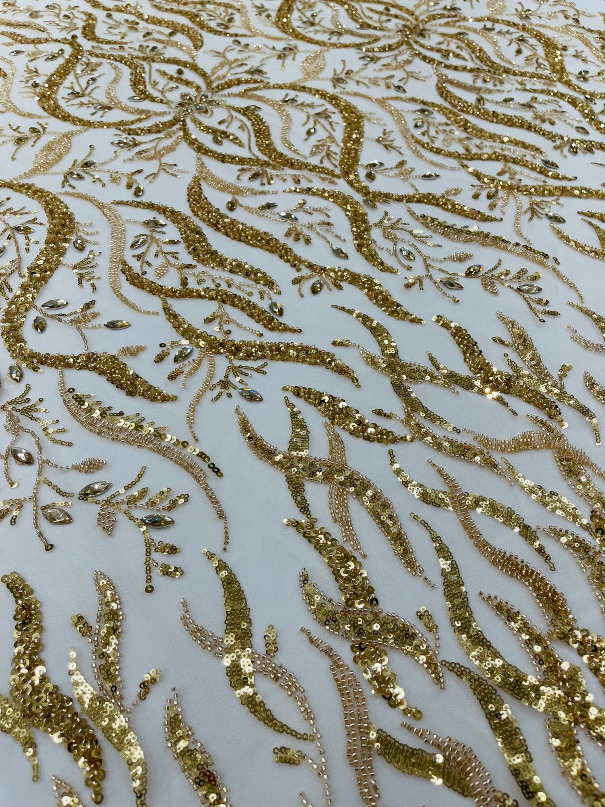 Jewel Vine Beaded Lace Polyester Fabric - Hand Beaded Vine Pattern, 54" Width (1 Yard)