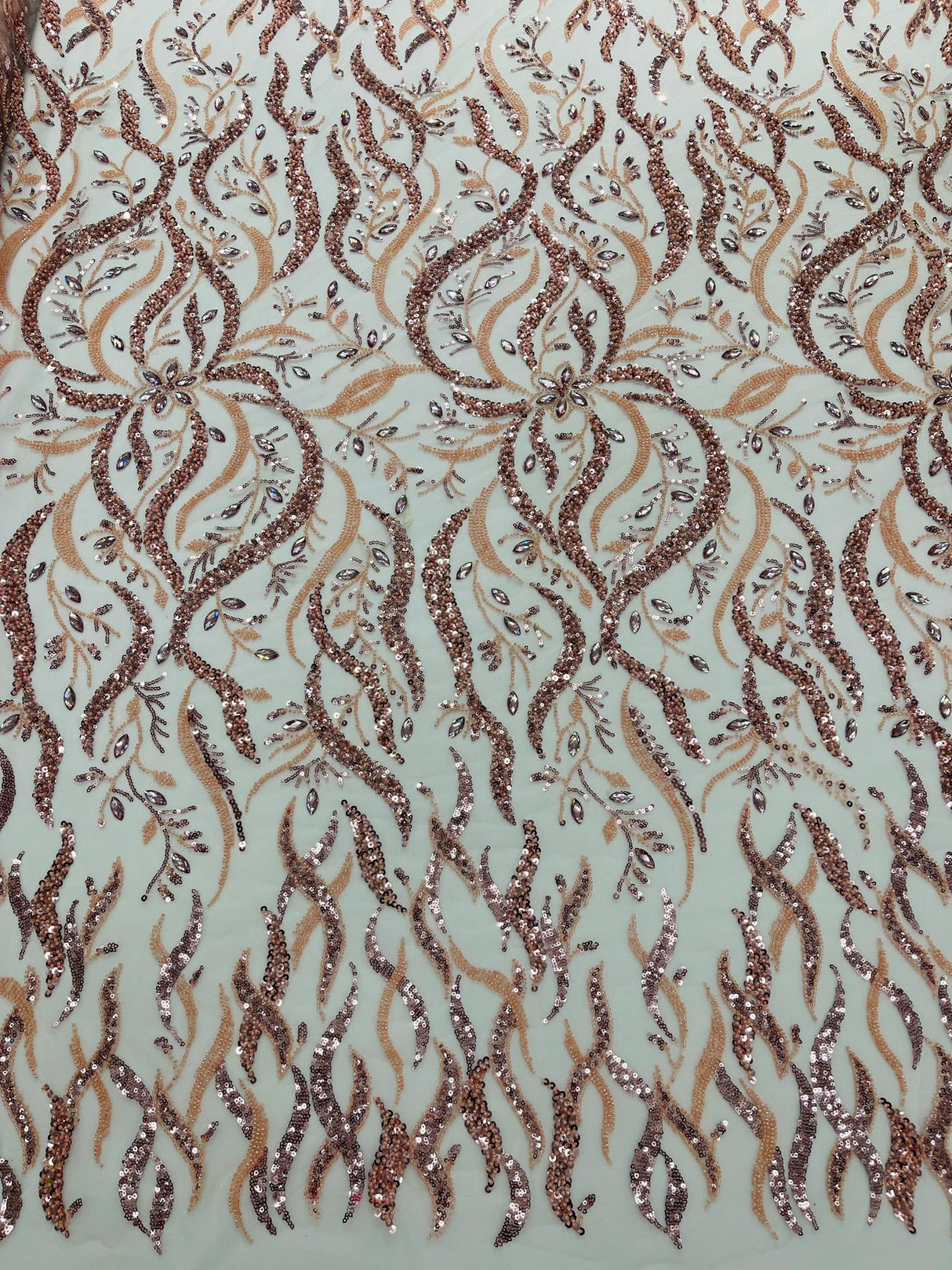 Jewel Vine Beaded Lace Polyester Fabric - Hand Beaded Vine Pattern, 54" Width (1 Yard)