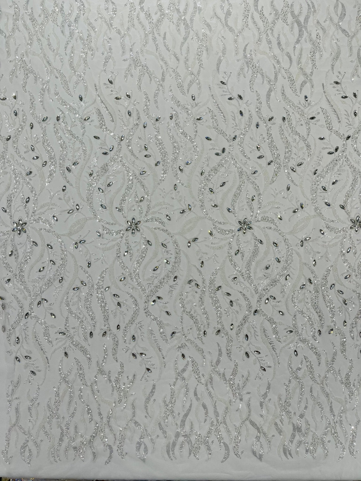 Jewel Vine Beaded Lace Polyester Fabric - Hand Beaded Vine Pattern, 54" Width (1 Yard)