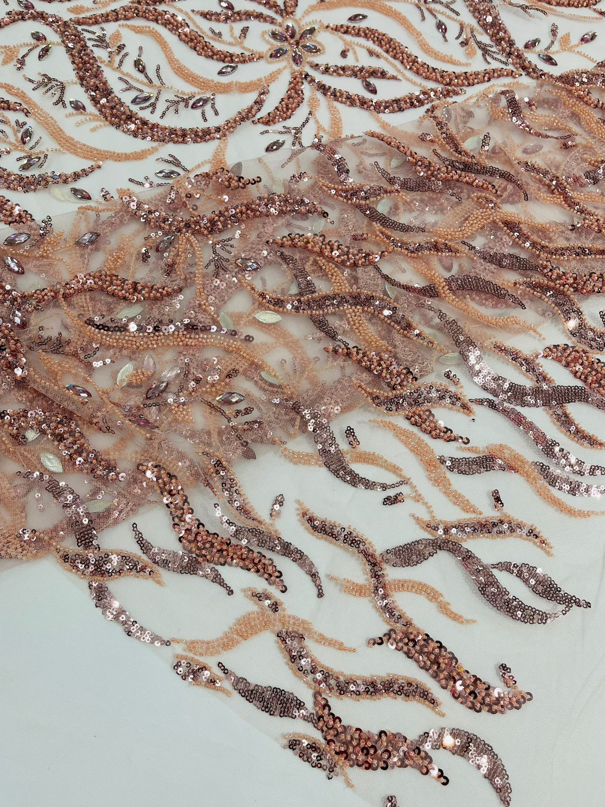 Jewel Vine Beaded Lace Polyester Fabric - Hand Beaded Vine Pattern, 54" Width (1 Yard)