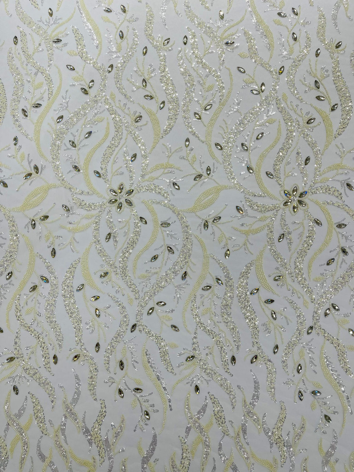 Jewel Vine Beaded Lace Polyester Fabric - Hand Beaded Vine Pattern, 54" Width (1 Yard)