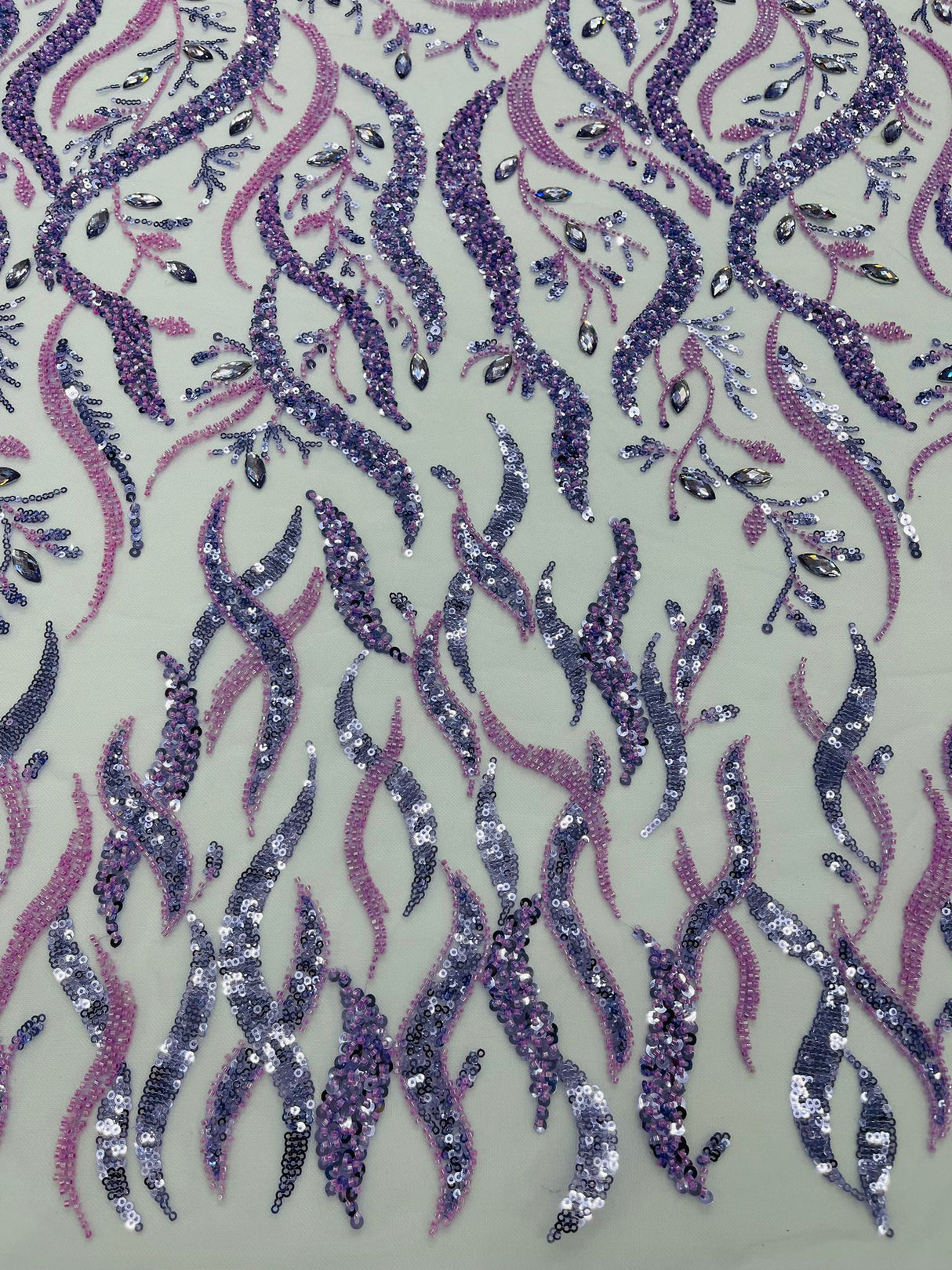 Jewel Vine Beaded Lace Polyester Fabric - Hand Beaded Vine Pattern, 54" Width (1 Yard)